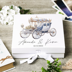 Personalised Wedding Box With Carriage Design and Ribbon Closure