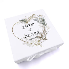 Personalised Wedding Box With Silver Green Leaf Heart and Ribbon