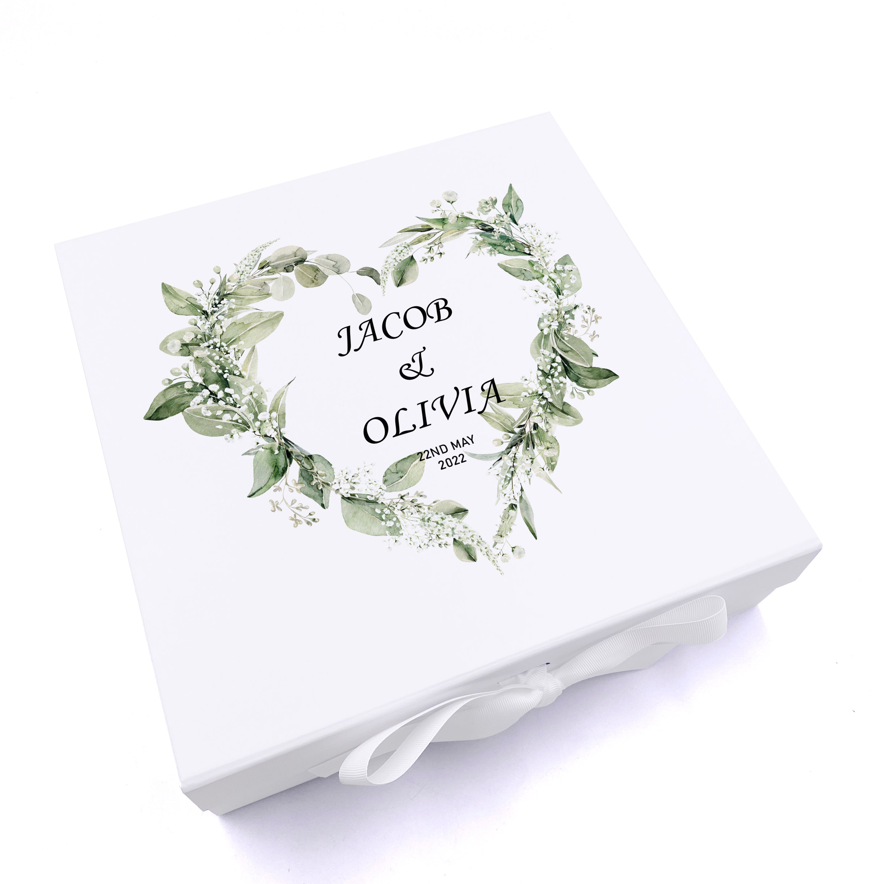Personalised Wedding Box With Floral Green Leaf Heart and Ribbon