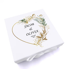 Personalised Wedding Box With Gold Green Leaf Heart and Ribbon