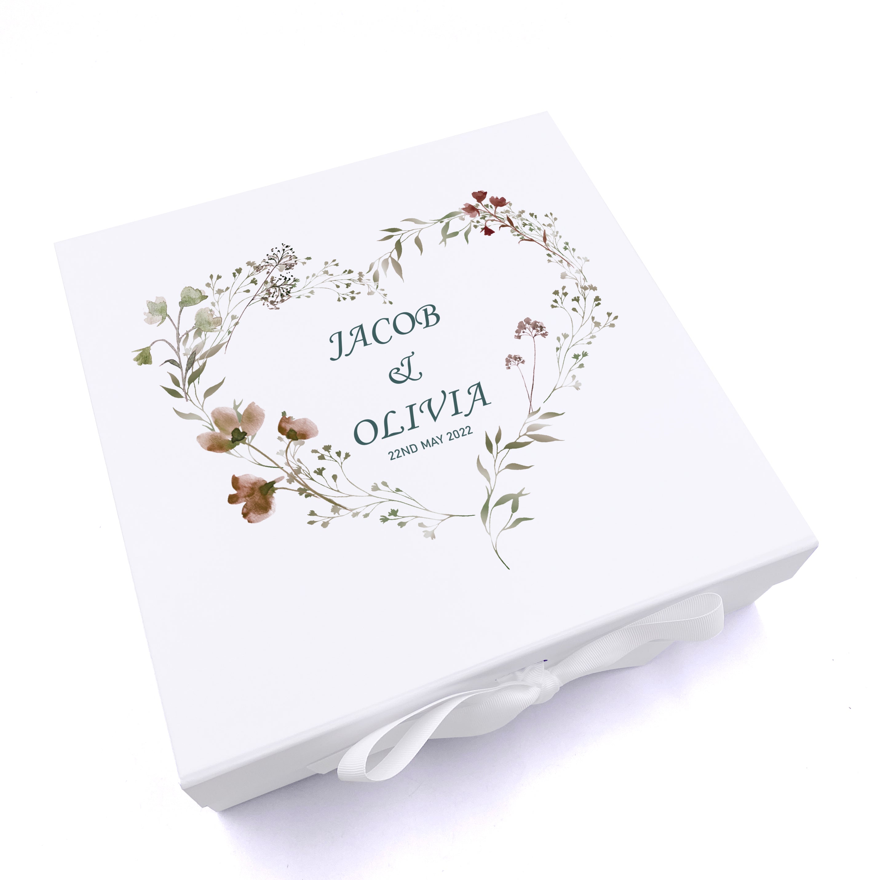 Personalised Wedding Box With Watercolour Floral Heart and Ribbon