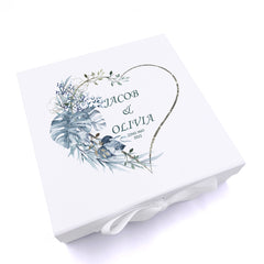 Personalised Wedding Box With Blue Tropical Heart and Ribbon Closure