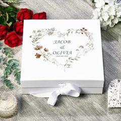 Personalised Wedding Box With Watercolour Floral Heart and Ribbon