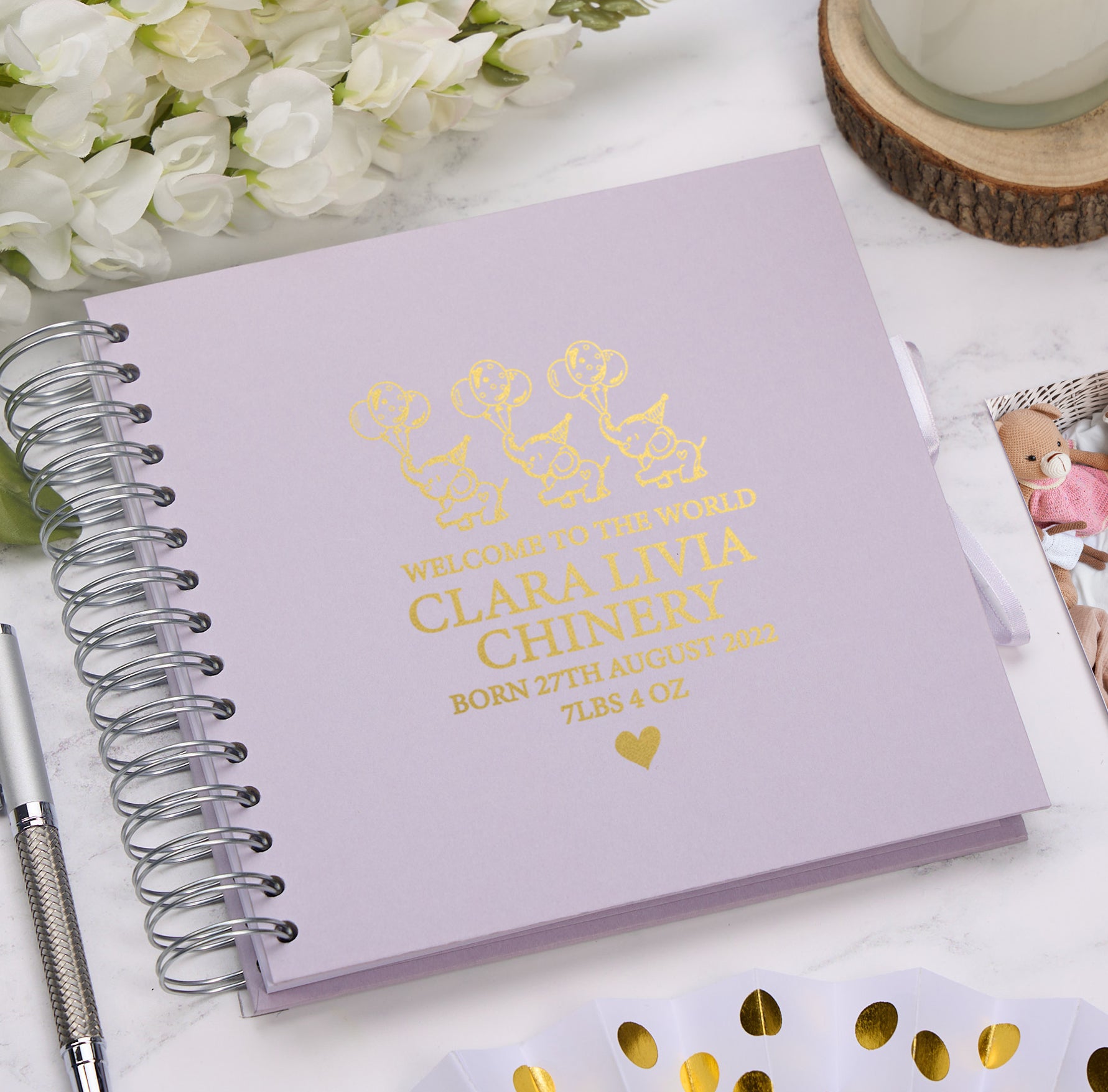 Personalised Baby Record Book, Multiple Colour Scrapbook or Photo Album With Elephants