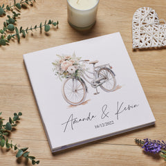 Personalised Large Wedding Photo Album Linen Cover Floral Bicycle Design