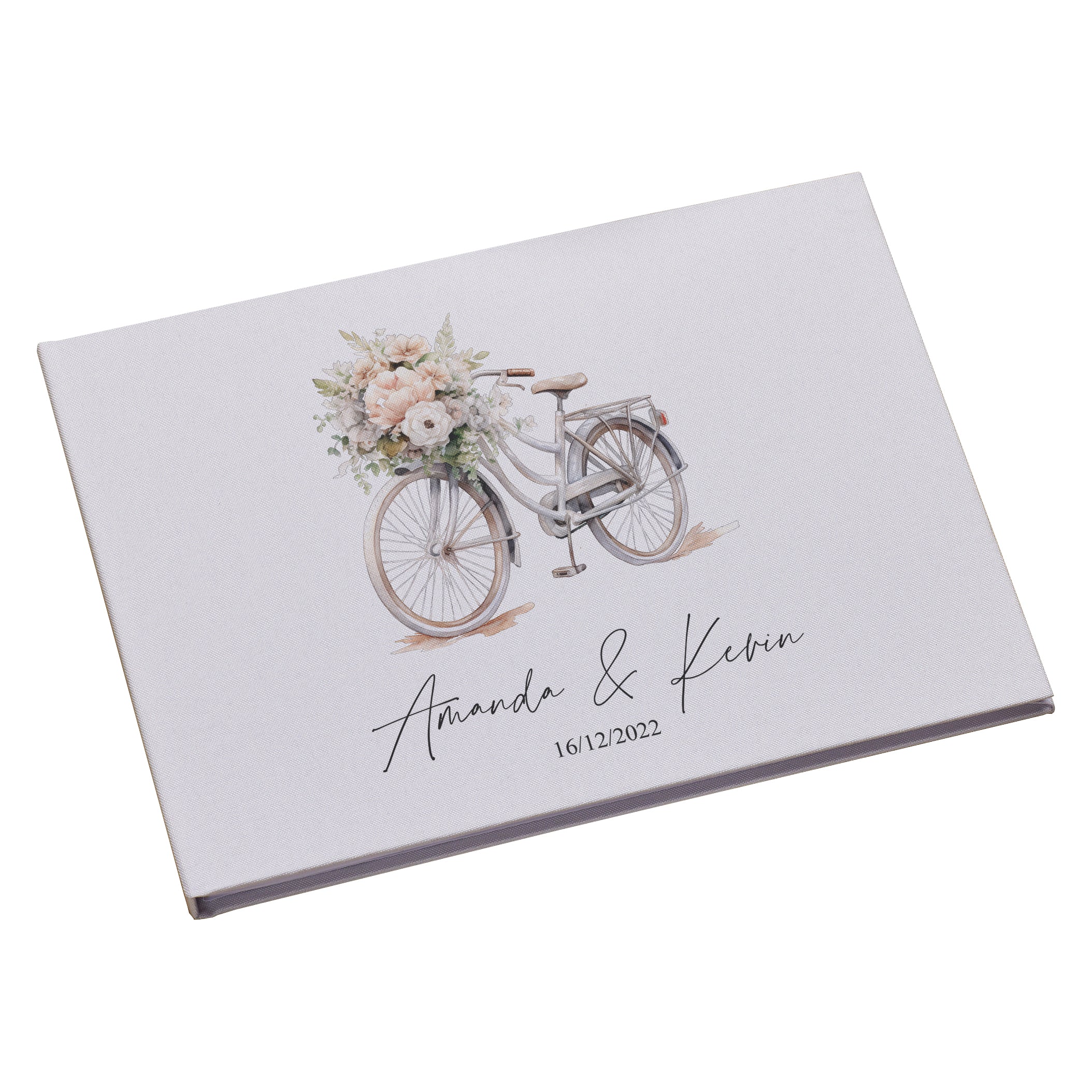 Large Personalised Wedding Guest Book Linen Cover With Floral Bike Design