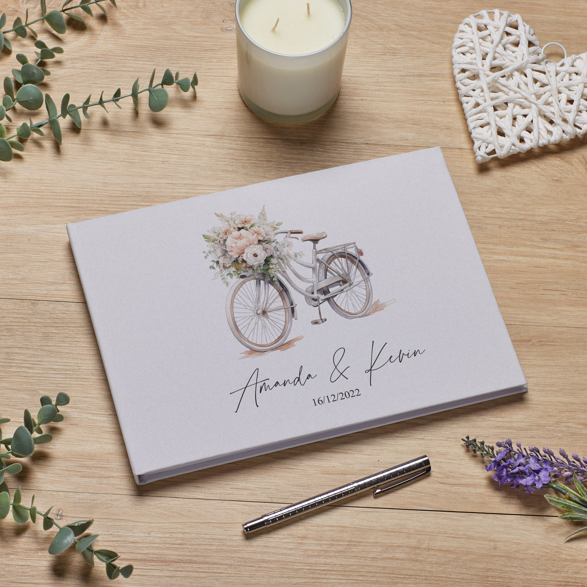 Large Personalised Wedding Guest Book Linen Cover With Floral Bike Design