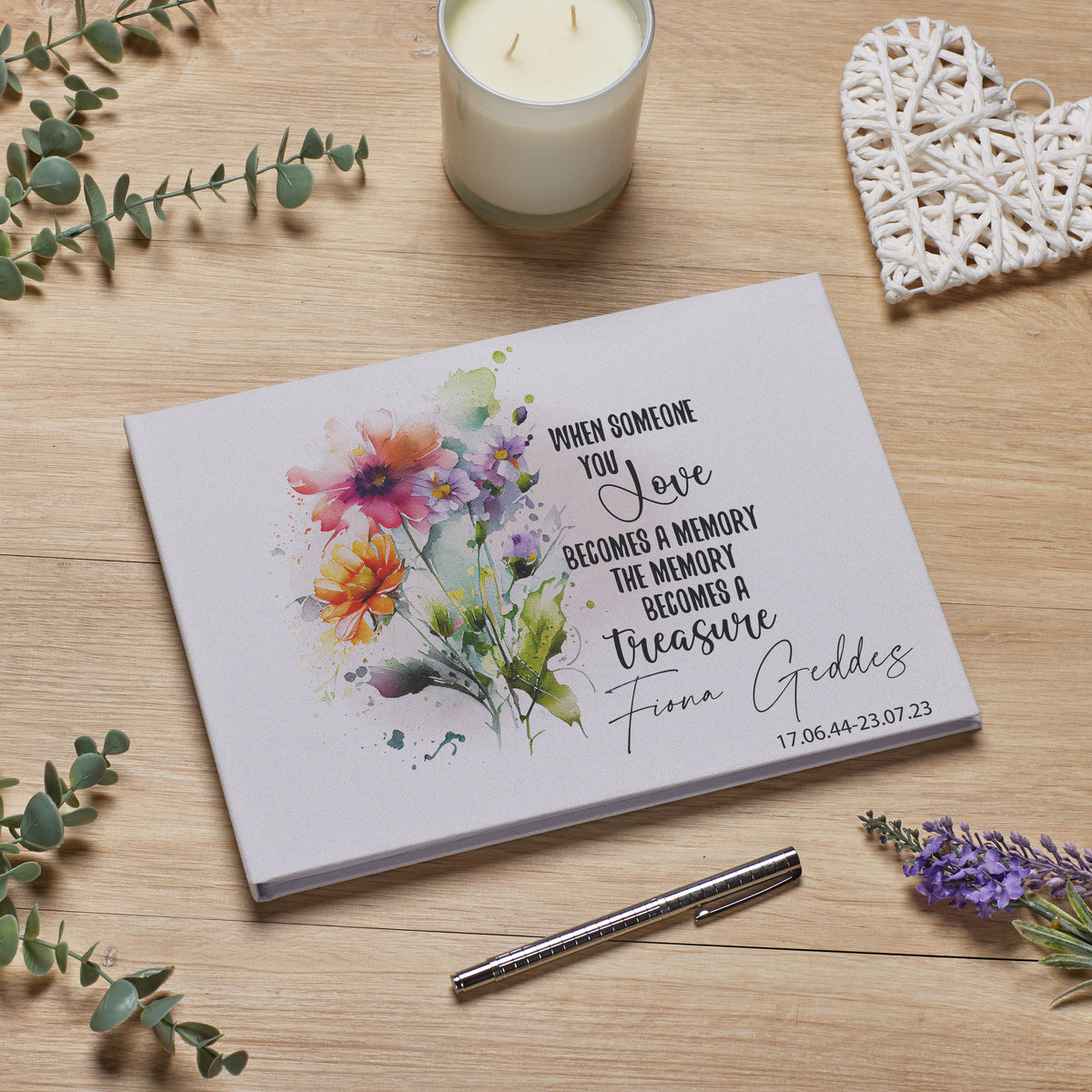 Personalised Large Funeral Memory Book For Condolence & Memorial With Flowers