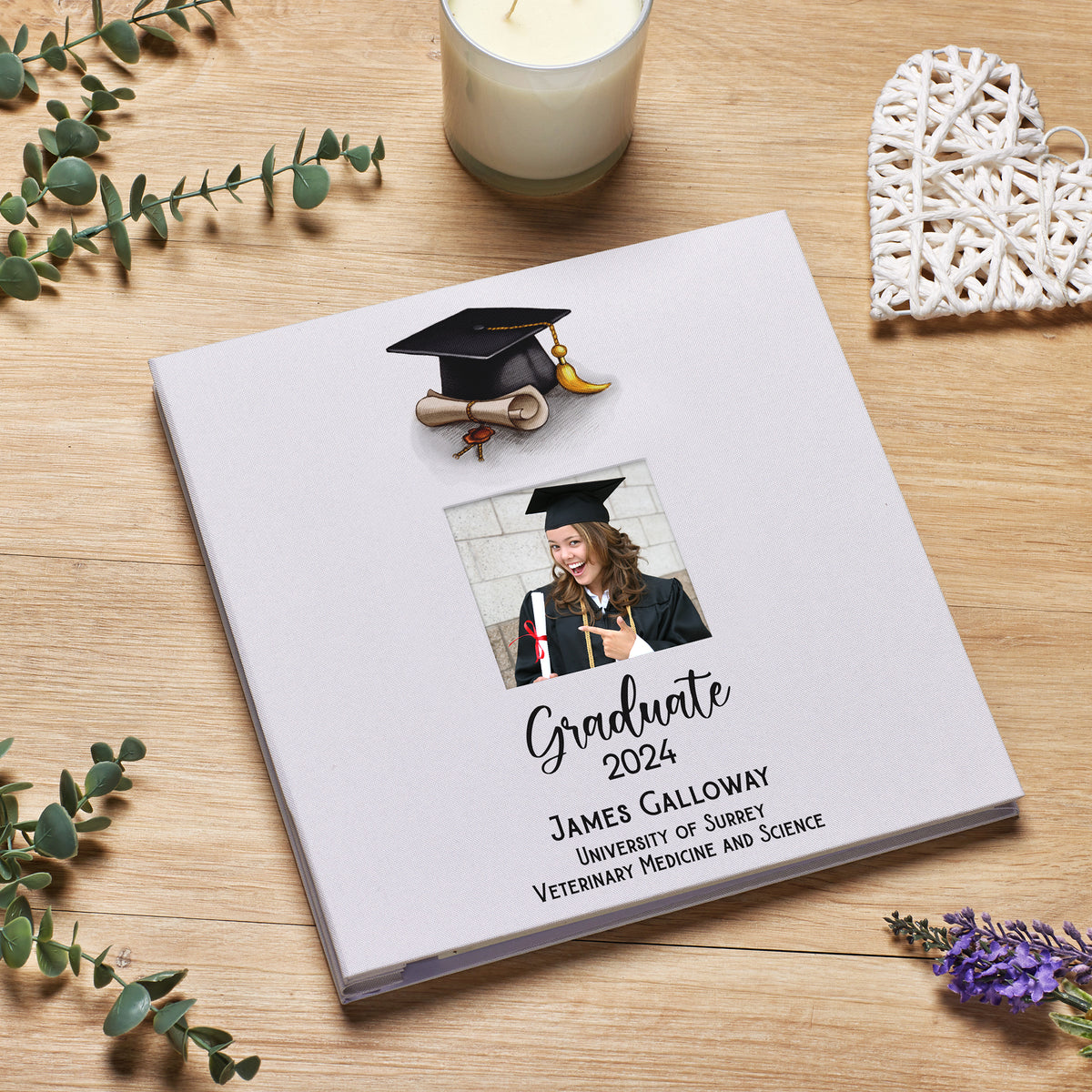 Personalised Graduation Photo Album Linen Cover With Hat and Scroll