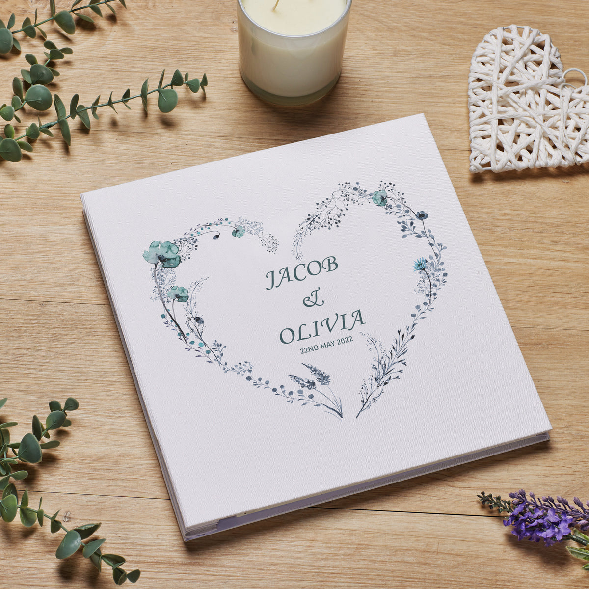 Personalised Large Linen Cover Wedding Photo Album Dusty Blue Heart