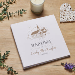 Personalised Large Baptism Photo Album Linen Cover With Sketched Church