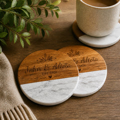 Custom Marble Wood Coasters, Engraved Personalized Housewarming Gift