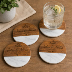 Custom Marble Wood Coasters, Engraved Personalized Housewarming Gift