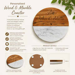 Custom Marble Wood Coasters, Engraved Personalized Housewarming Gift