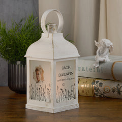 Personalised Memorial Photo Upload Lantern, Memorial Candle, Son Remembrance With Wildflowers