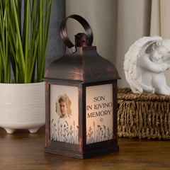 Personalised Memorial Photo Upload Lantern, Memorial Candle, Son Remembrance With Wildflowers