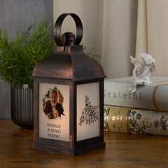 Personalised Memorial Photo Upload Lantern, Memorial Candle, Husband Remembrance With Rose