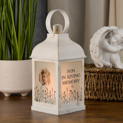 Personalised Memorial Photo Upload Lantern, Memorial Candle, Son Remembrance With Wildflowers