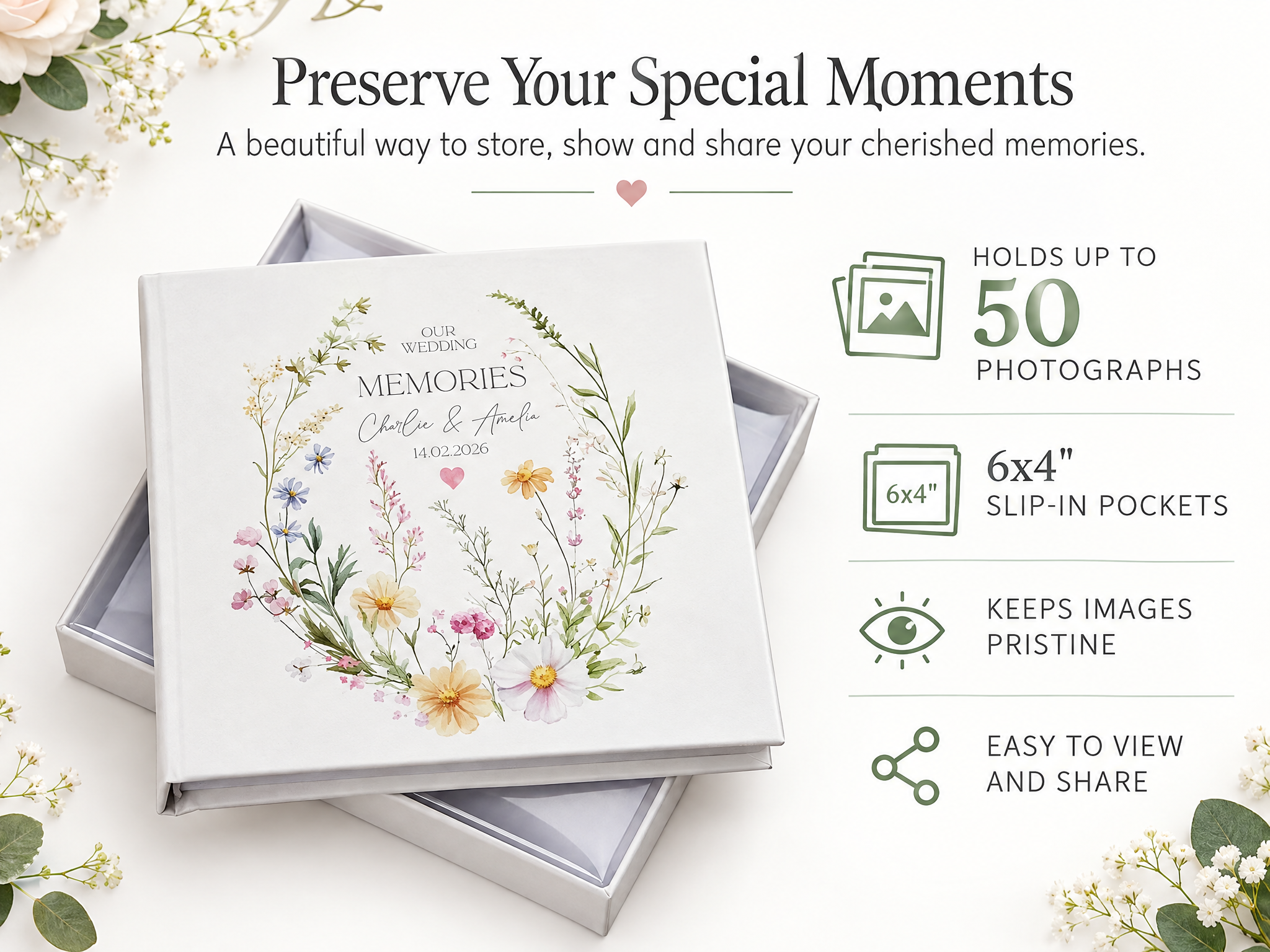 Personalised Wedding Photo Album, Floral Gift Boxed Keepsake Gift