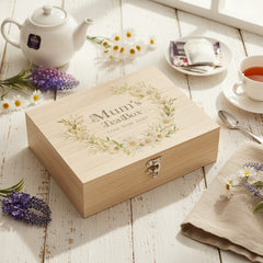 Personalised Mum's Compartment Tea Box With Chamomile Flowers Tea Box Raised Words