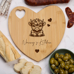 Personalised Gift Engraved Heart Chopping Board With Highland Cow