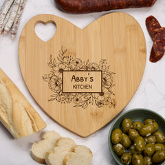 Personalised Gift Engraved Heart Chopping Board With Wildflowers
