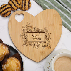 Personalised Gift Engraved Heart Chopping Board With Wildflowers
