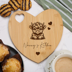 Personalised Gift Engraved Heart Chopping Board With Highland Cow