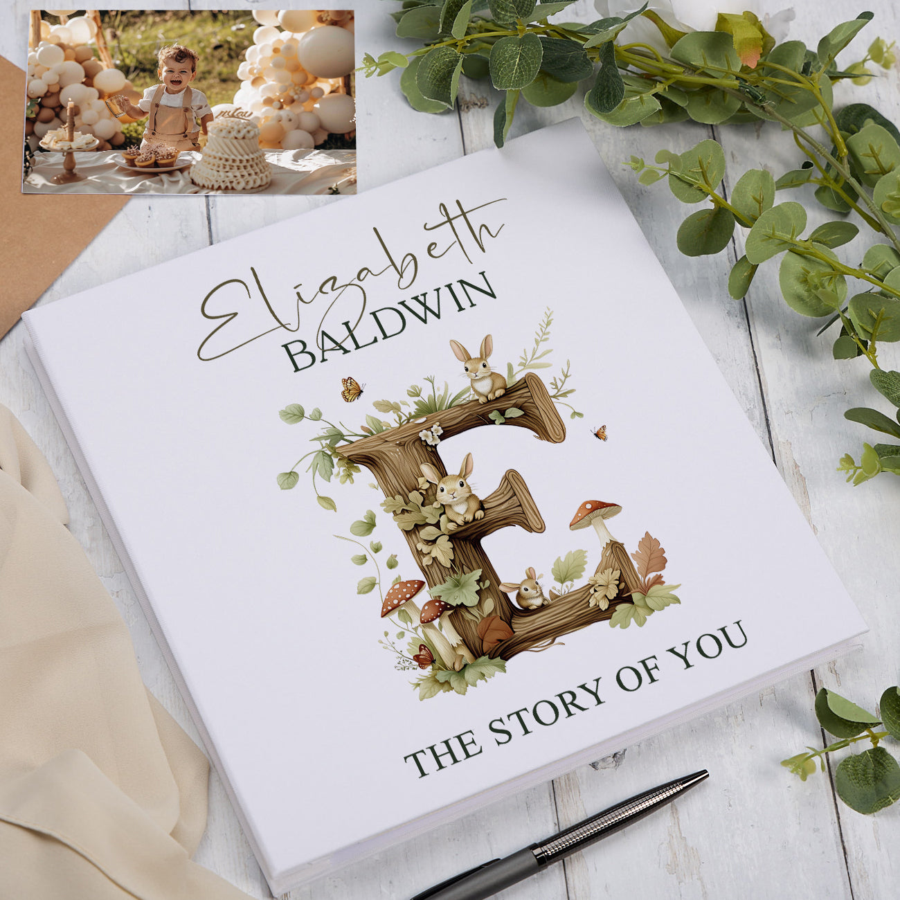 Personalised Story of You Self-Adhesive Linen Photo Album Birthday Memory Book Woodland Alphabet Design Linen Photo Album ukgiftstoreonline