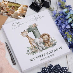 Personalised My First Birthday Self-Adhesive Linen Photo Album Birthday Memory Book Safari Alphabet Linen Photo Album ukgiftstoreonline
