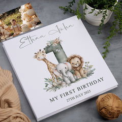 Personalised My First Birthday Self-Adhesive Linen Photo Album Birthday Memory Book Safari Alphabet Linen Photo Album ukgiftstoreonline