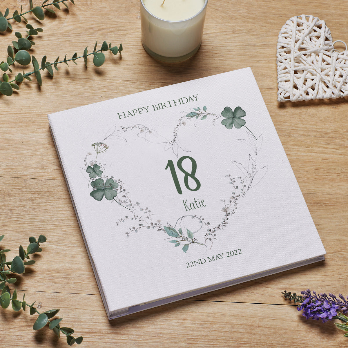 Personalised Large Birthday Photo Album Linen Cover Green Clover Heart