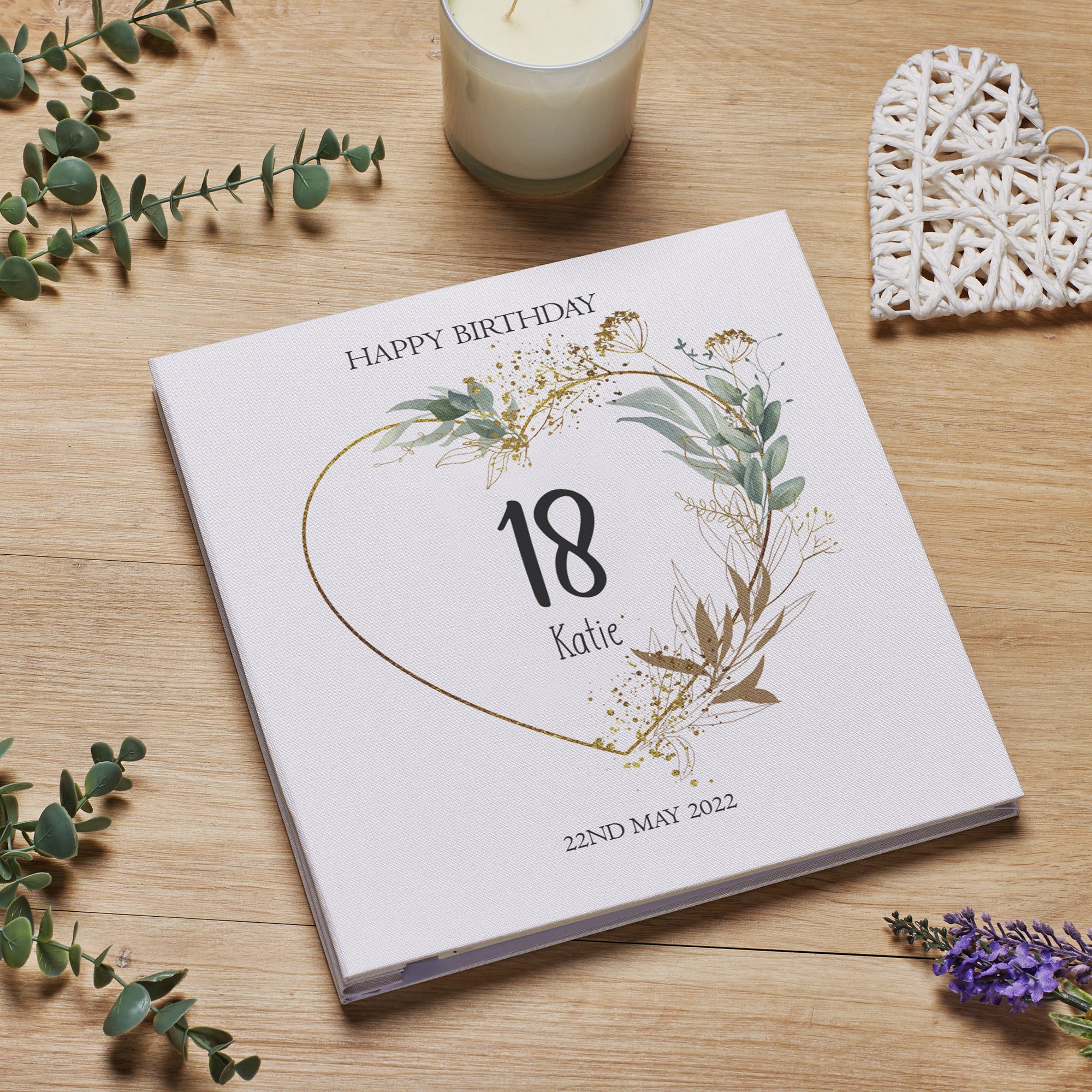 Personalised Large Birthday Photo Album Linen Cover Gold Green Leaf Heart