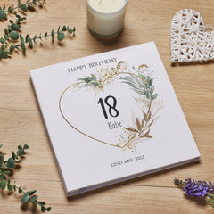 Personalised Large Birthday Photo Album Linen Cover Gold Green Leaf Heart