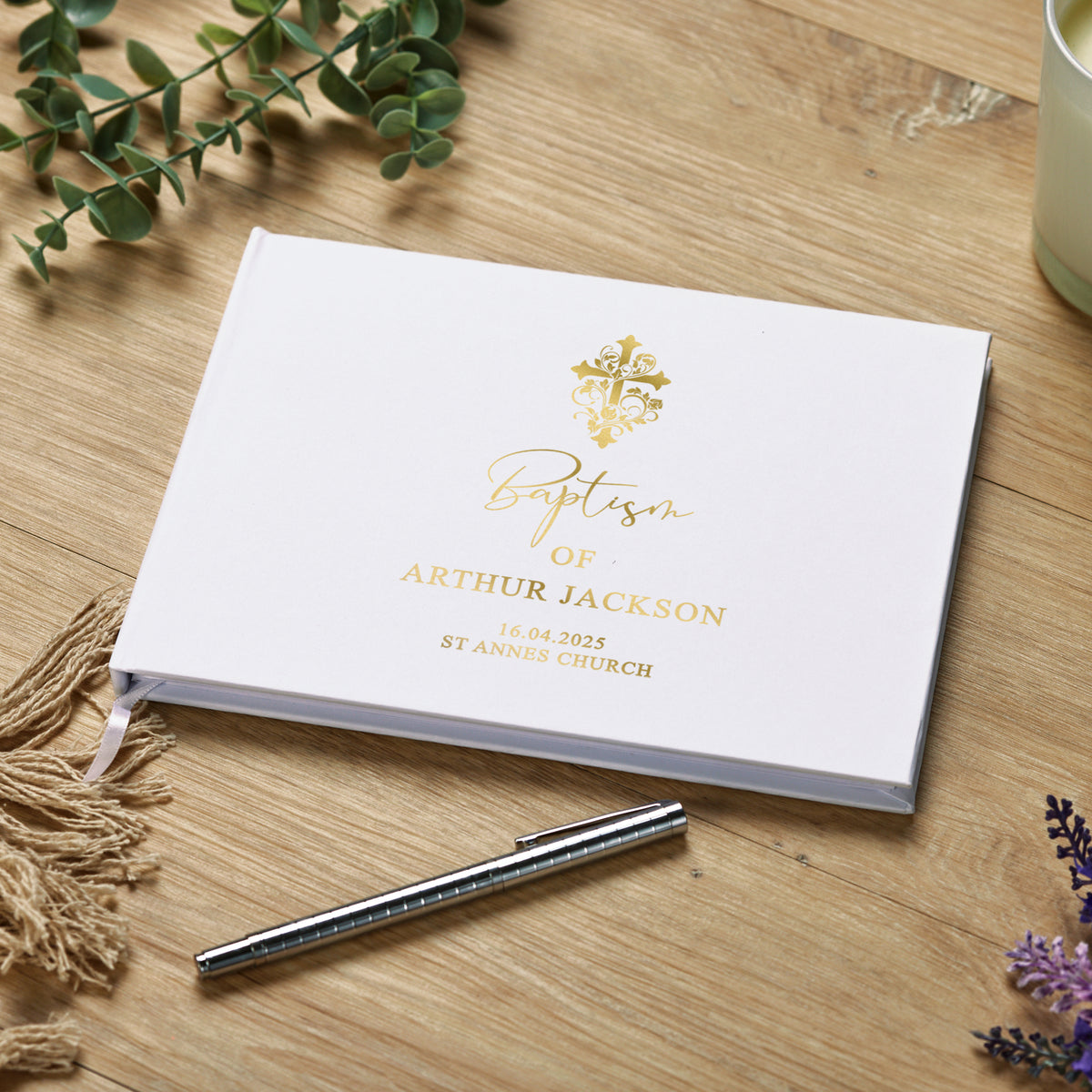 Personalised Baptism Lined Guest Book With Cross and Gold Print
