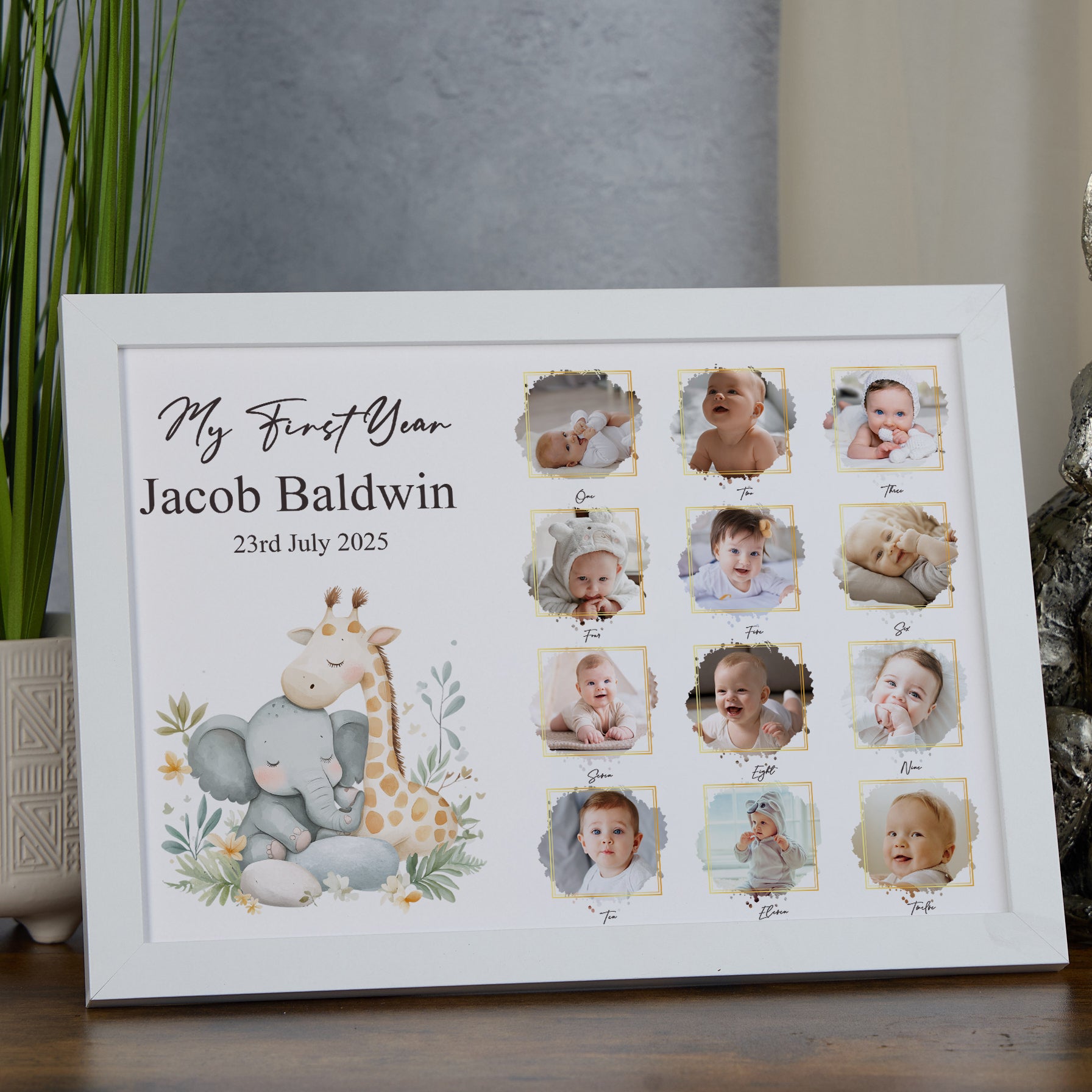 Customised My First Year Photo Frame, A4 Framed Print and Printed Photos With Cute Jungle Theme