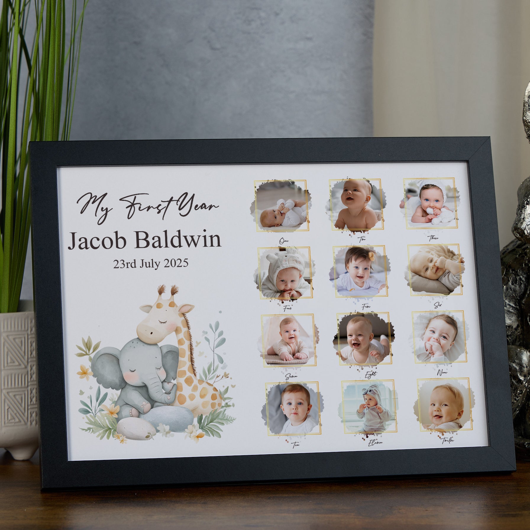 Customised My First Year Photo Frame, A4 Framed Print and Printed Photos With Cute Jungle Theme
