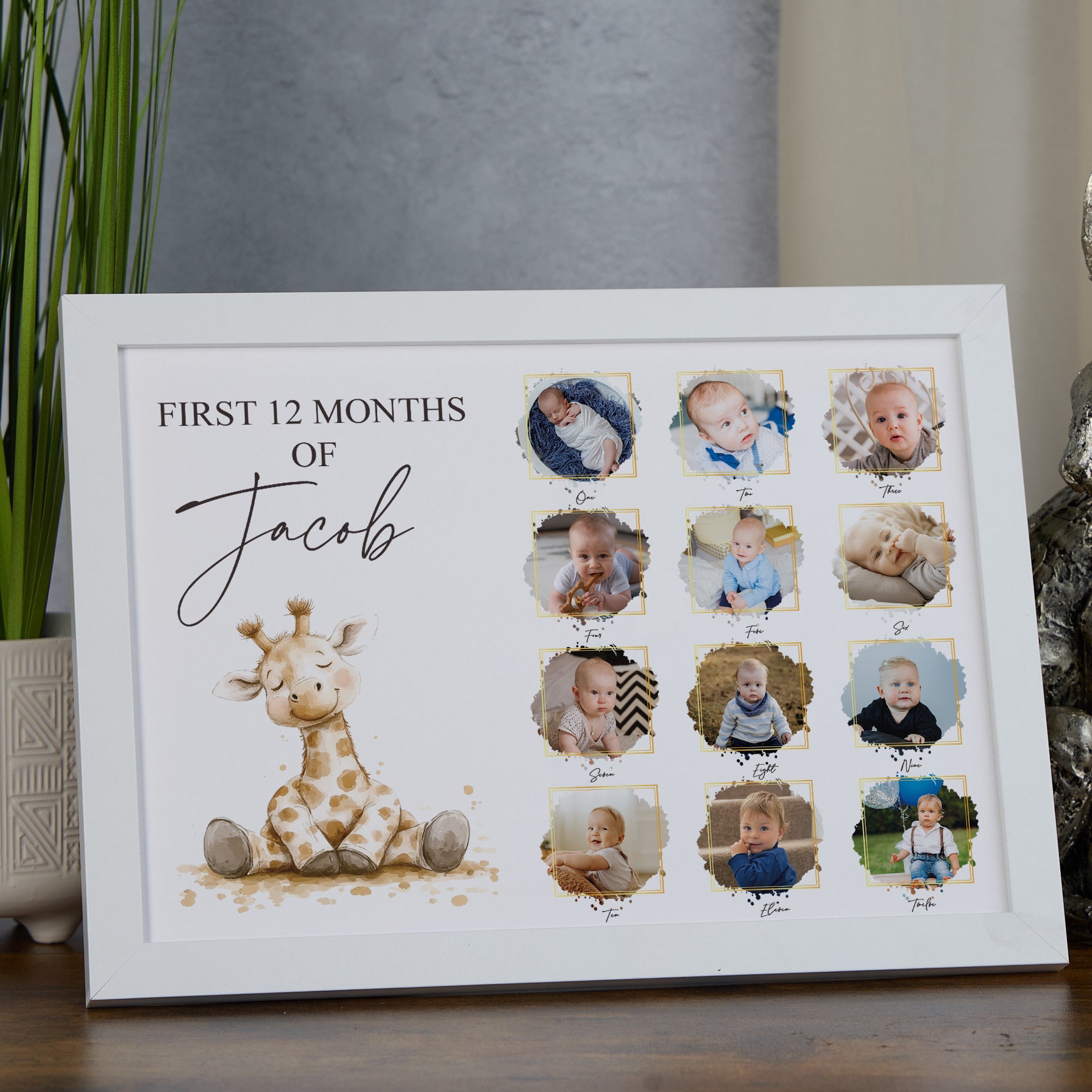 Customised Baby's First 12 Months Photo Frame, A4 Framed Print and Printed Photos With Cute Giraffe Theme