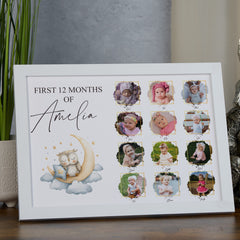 Customised Baby's First 12 Months Photo Frame, A4 Framed Print and Printed Photos With Cute Owl Theme