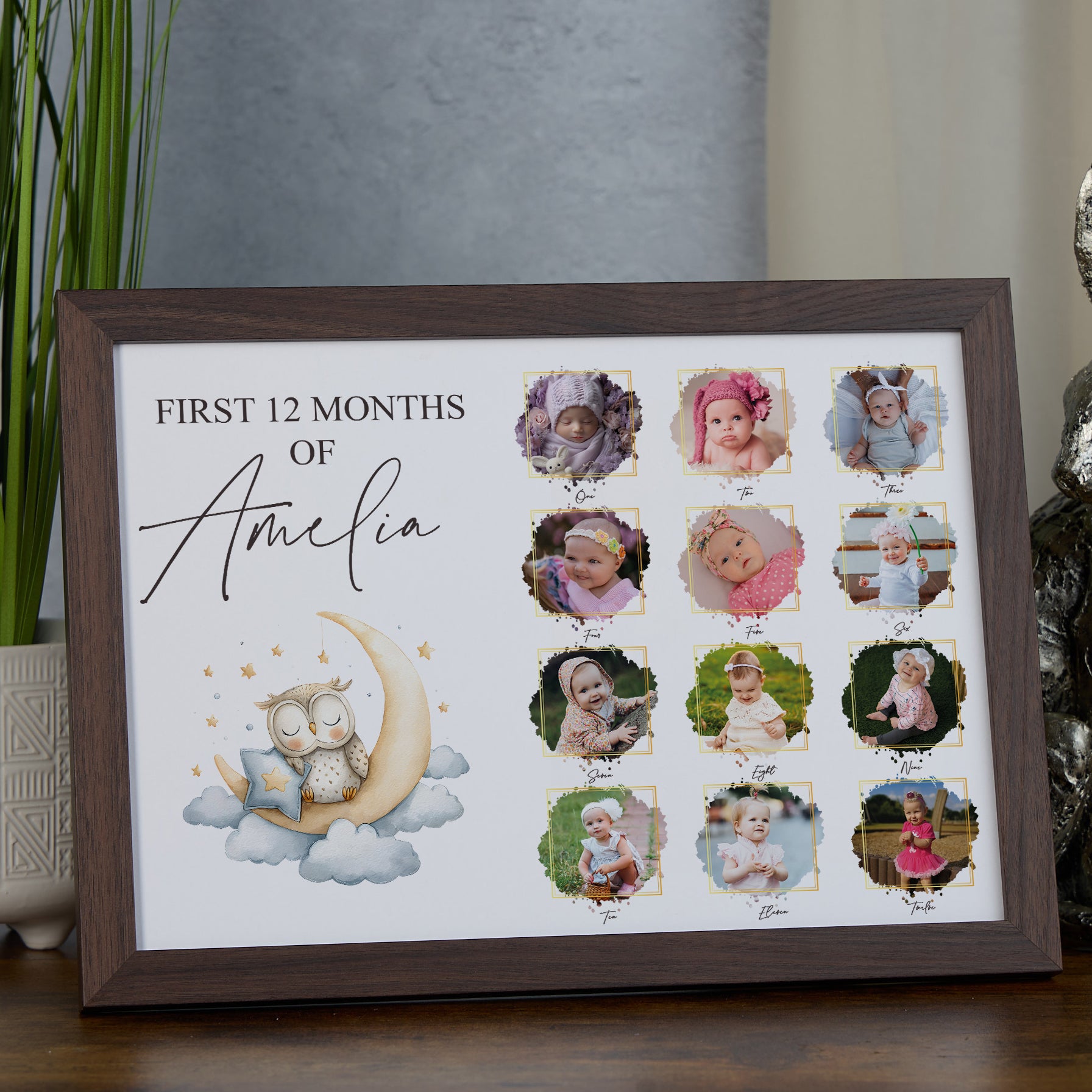 Customised Baby's First 12 Months Photo Frame, A4 Framed Print and Printed Photos With Cute Owl Theme