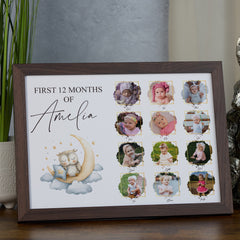 Customised Baby's First 12 Months Photo Frame, A4 Framed Print and Printed Photos With Cute Owl Theme