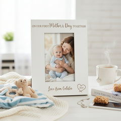 White Engraved Wooden Personalised On Our First Mothers Day Portrait Photo Frame Photo Frame ukgiftstoreonline