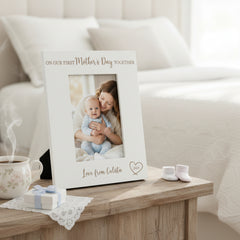 White Engraved Wooden Personalised On Our First Mothers Day Portrait Photo Frame Photo Frame ukgiftstoreonline