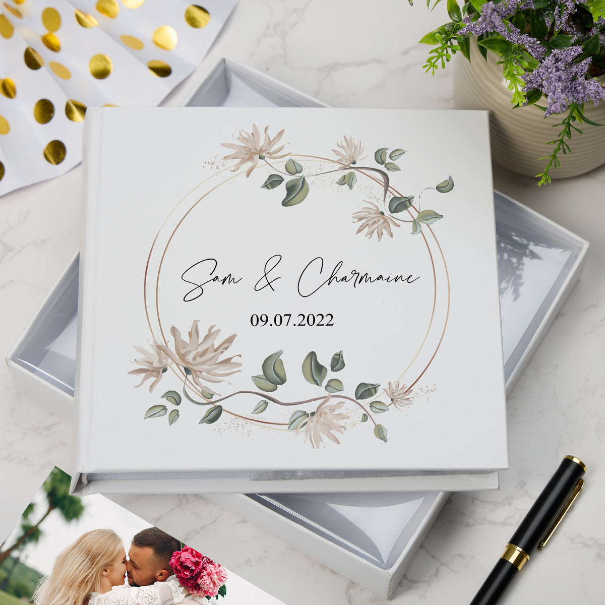 Personalised Wedding Photo album with any name and date Beige Wreath personalised photo album ukgiftstoreonline