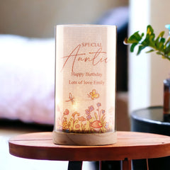 Personalised Auntie Gift Floral Lamp With Wood Base LED Night Light