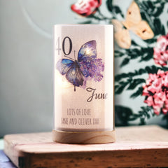 Personalised 40th Birthday Butterfly Gift Night Lamp With Wood Base