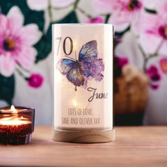 Personalised 70th Birthday Butterfly Gift Night Lamp With Wood Base