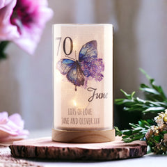 Personalised 70th Birthday Butterfly Gift Night Lamp With Wood Base