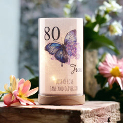Personalised 80th Birthday Butterfly Gift Night Lamp With Wood Base