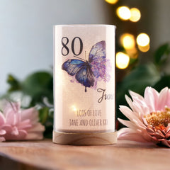 Personalised 80th Birthday Butterfly Gift Night Lamp With Wood Base